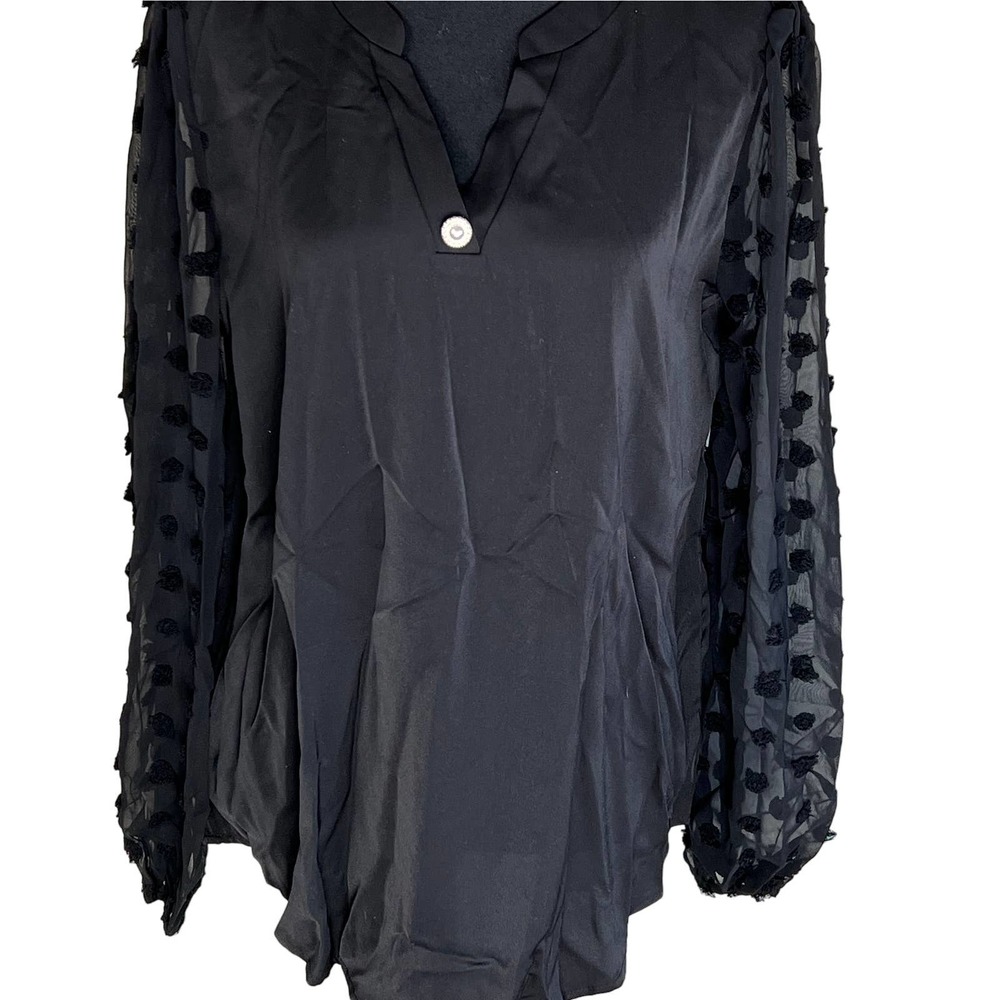 WOMEN'S SEXY SWISS DOT SLEEVES BUTTON ACCENT BLOUSE COLOR BLACK NWOT Size XL - Picture 1 of 8